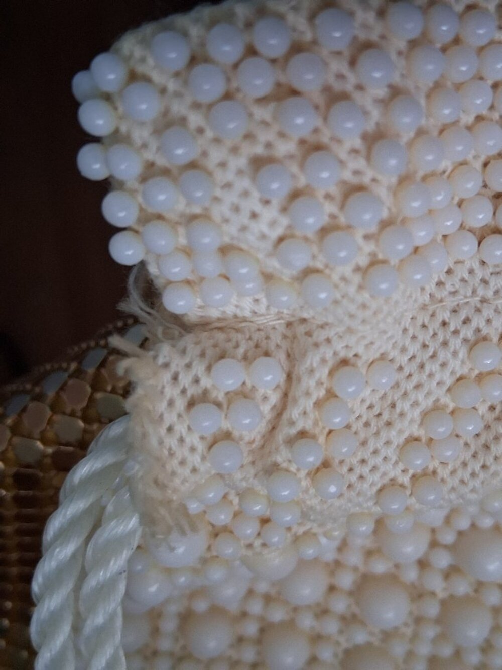 Vintage White/ Beige Beaded Lined Drawstring Bag Pouch - Picture 8 of 8